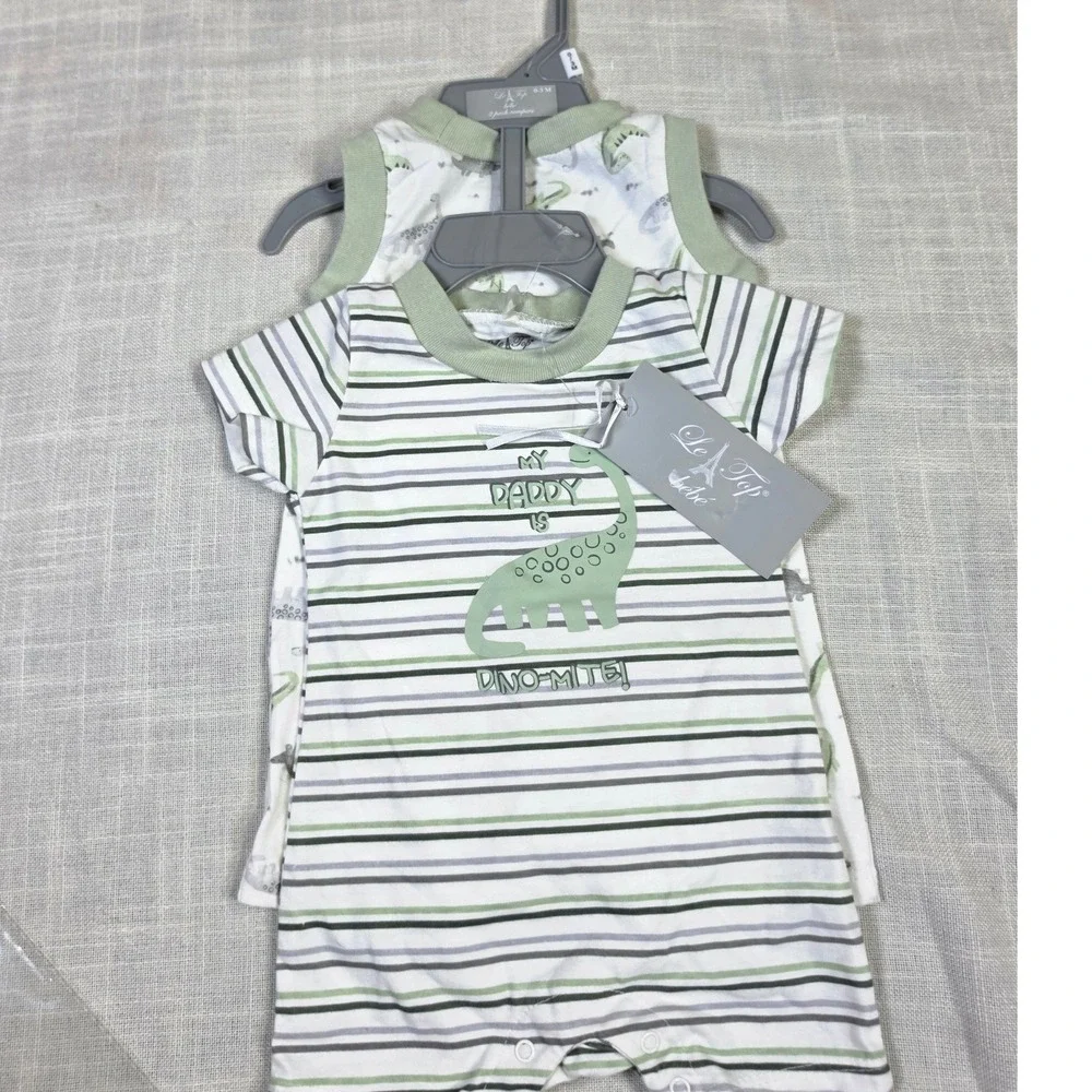 Le Top Bebe 0-3M 2 Pack Dinosaur Rompers Green White Striped PT2100007 NWT